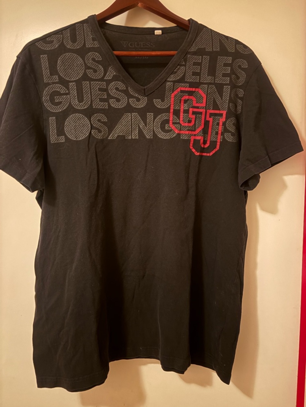 GUESS Black V-Neck Short Sleeve Tee with Red CJ Logo